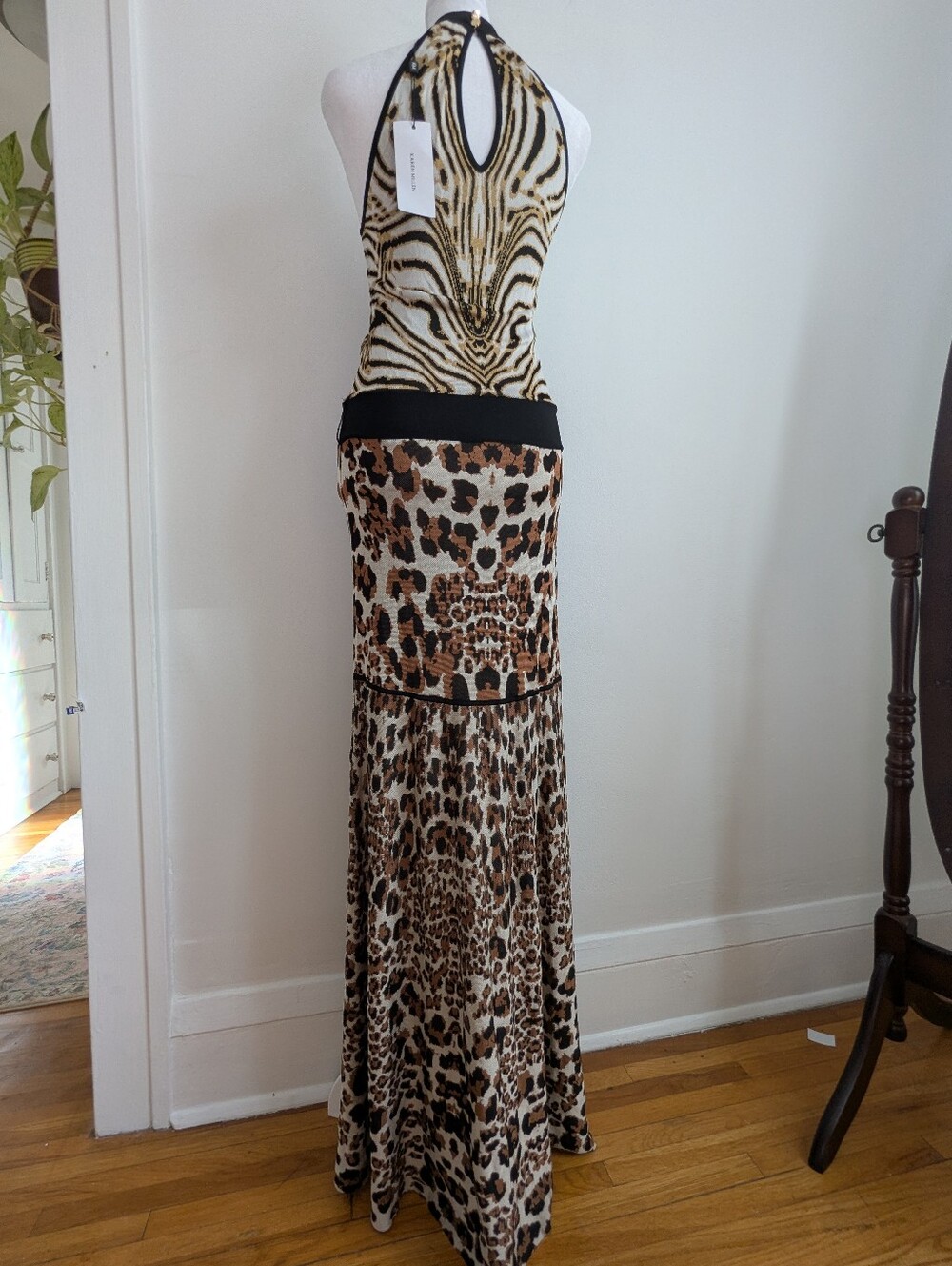Karen Millen NWT Slinky Animal Print Knit Maxi Dress 4 Halter Safari Cocktail - Picture 2 of 12
